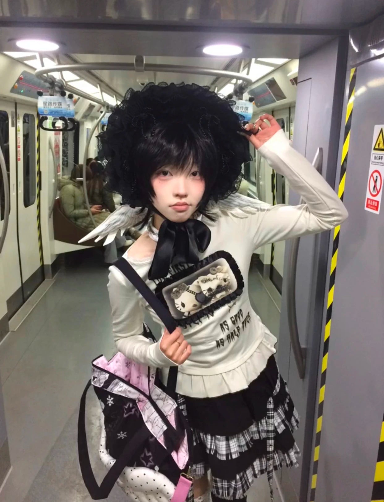 Karrram Japanese Y2k Anime Print T-shirt Trashy 2000s Style Long Sleeve T Shirt Vintage Harajuku Lace Patchwork Tops Grunge 90s