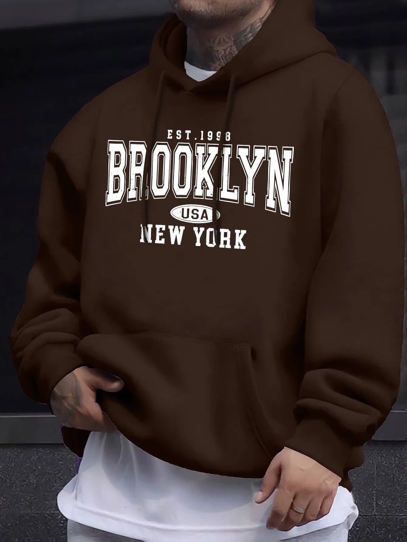 Men's autumn and winter casual fashion loose Brooklyn New York letter printed long sleeved hooded sweatshirt warm pullover BAZAARHUBO