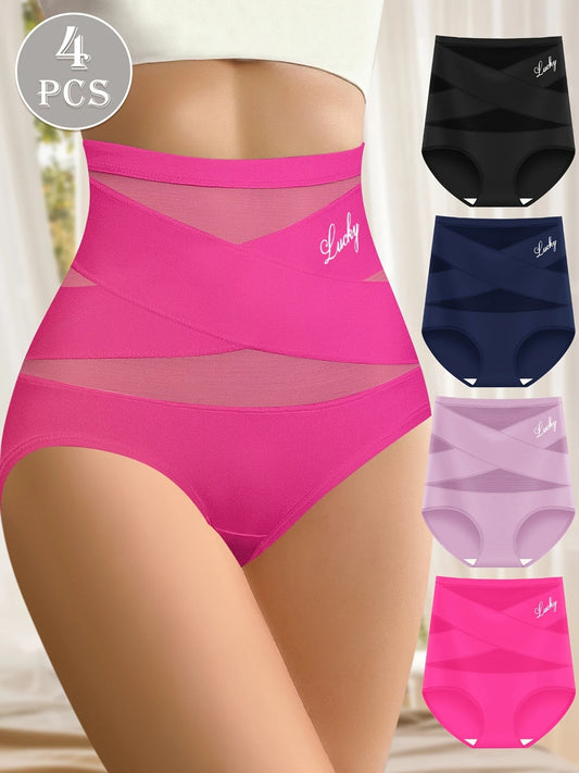 4pcs High Waist Mesh Contrast Letter Print Briefs, Elegant Comfy Breathable Stretchy Intimates Panties, Women's Lingerie &