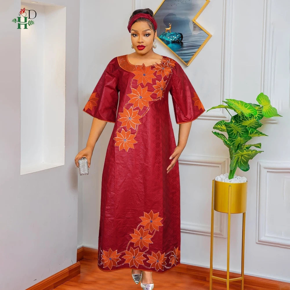 H&D New Style African Clothes For Women Traditional Embroidery Dresses Blue Bazin Women High Quality Party Wedding Occasion