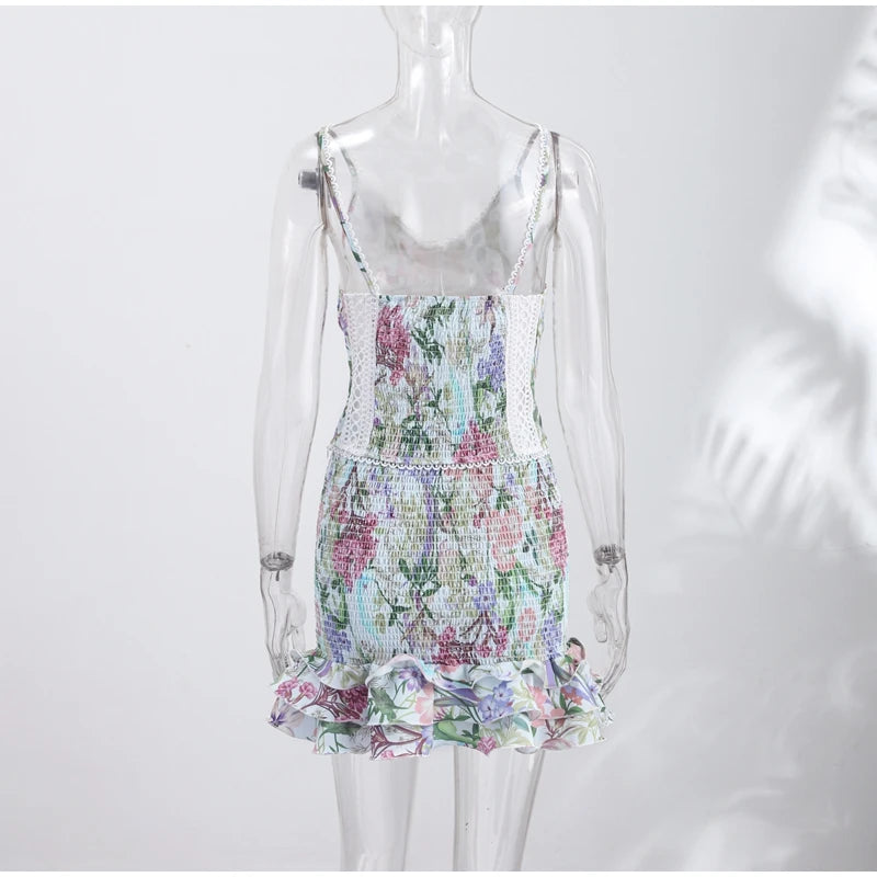 Floral Print Women Mini Skirt Set Lace Sleeveless Hollow Out Cami Shirred Waist Ruffle Hem Short Skirts 2026 Summer Chic Suit