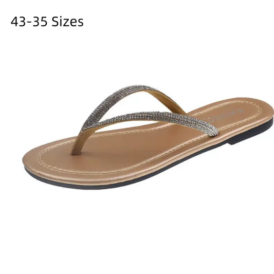 Lady New Luxury Crystal Thongs Shoes Flats Summer Flip Flops For Girls Outdoor Simple Leisure Slippers In Gold Silver 35-43 25cm