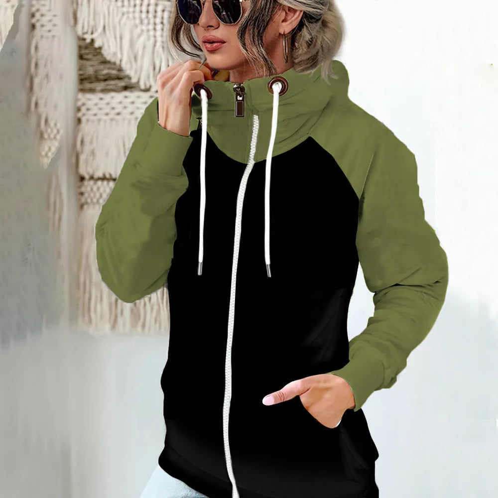 2025 Autumn Winter Women's High-neck Sweatshirt Casual Pocket Pile Collar Fleece Zipper Cardigan Color-blocking Velvet Coat