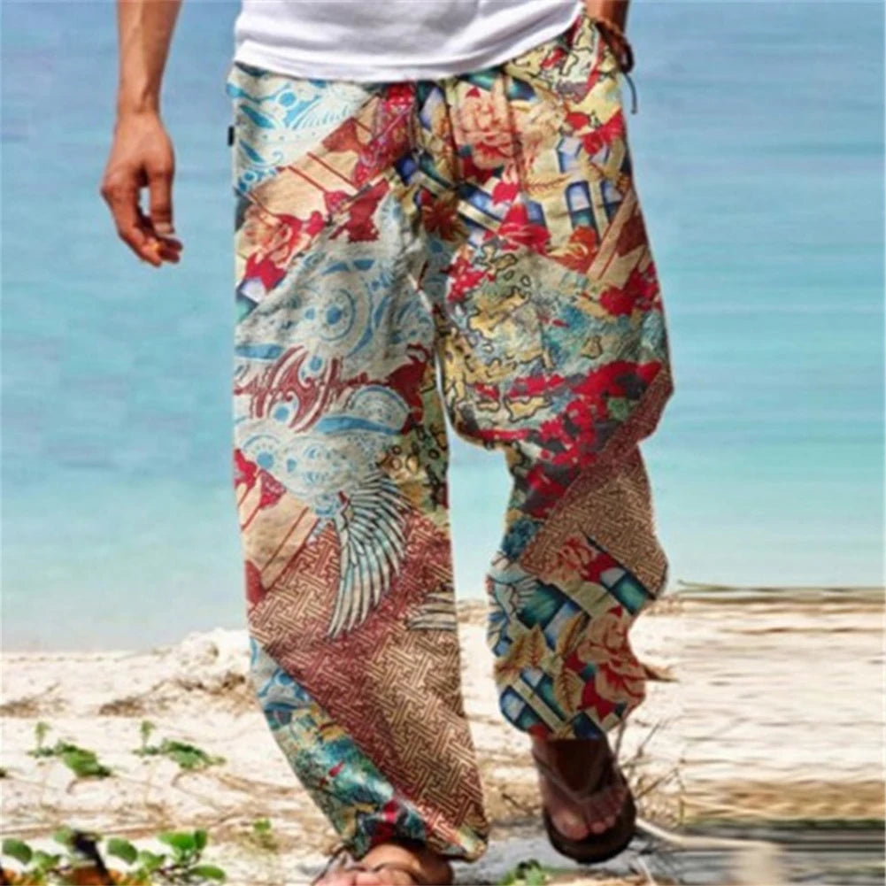 Mens Casual Baggy Harem Pants Elastic Waist Beach Loose Wide Leg Hippy Trousers