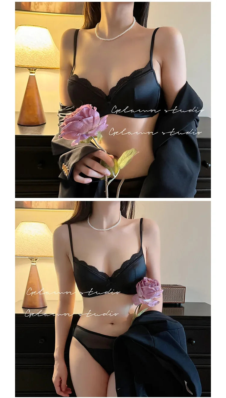 French Women's Lace Seamless Underwear Women's Thin Summer Sexy Lace Satin Anti-sagging Push-up Bra Set Underwear Women Set