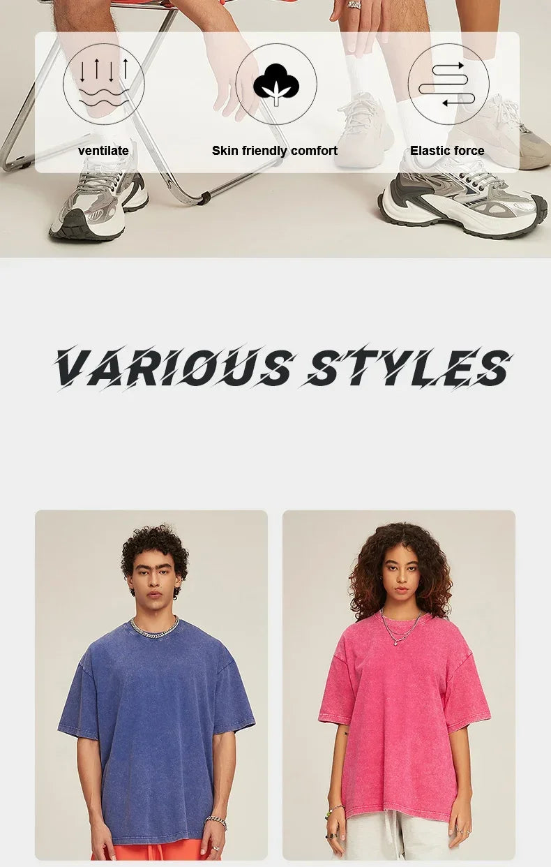 American Style Retro Heavyweight Solid Color Short Sleeved T-shirt Men Women Summer Street Trendy Washed Old Oversized Clothes