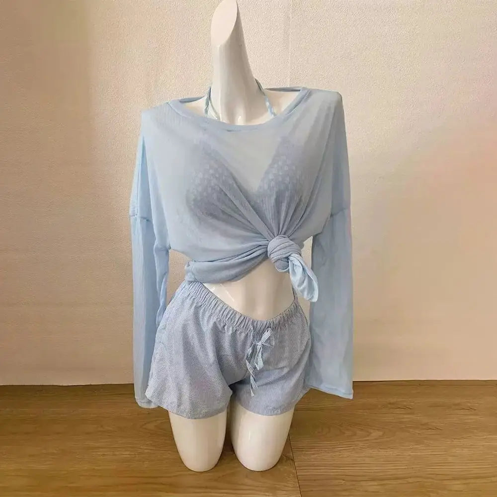 Casual Lace-up Women's Swimwear Set Mesh Transparent Beachwear 4Pieces Bikini Swimsuit Sun Protection Loose Bathing Suit Party