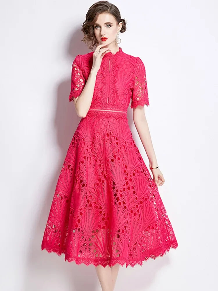 SMTHMA Vintage High-End O-Neck Short Sleeve Lace Hollow Out Dress For Women's Summer Slim Elegant Long Dress Female Clothing