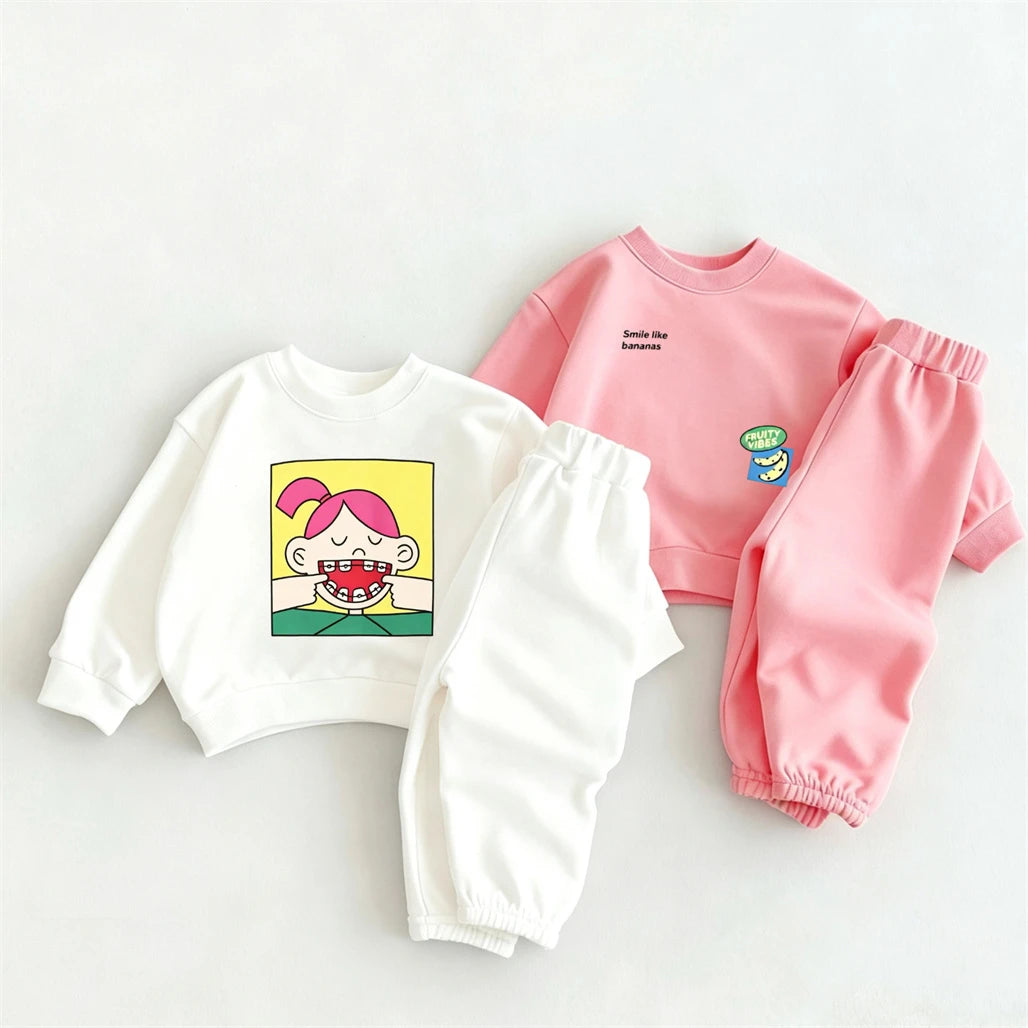 Toddler Fashion Casual Clothes Long-sleeved Outfits Baby Girls Cartoon Sweatshirts+Pants Two Piece Set Outer Wear Kids Tracksuit