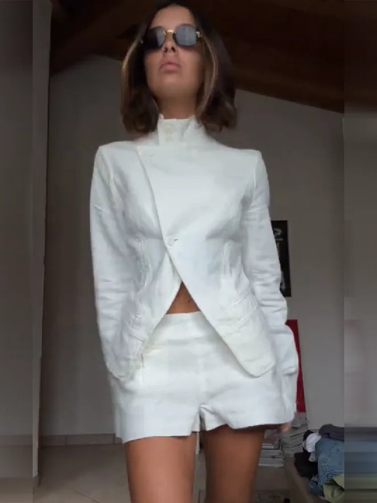 Women's Elegant White Linen Two-piece Outfit Asymmetric Long Sleeved Stand Collar Blazer Jacket Cozy High Waist Shorts Set
