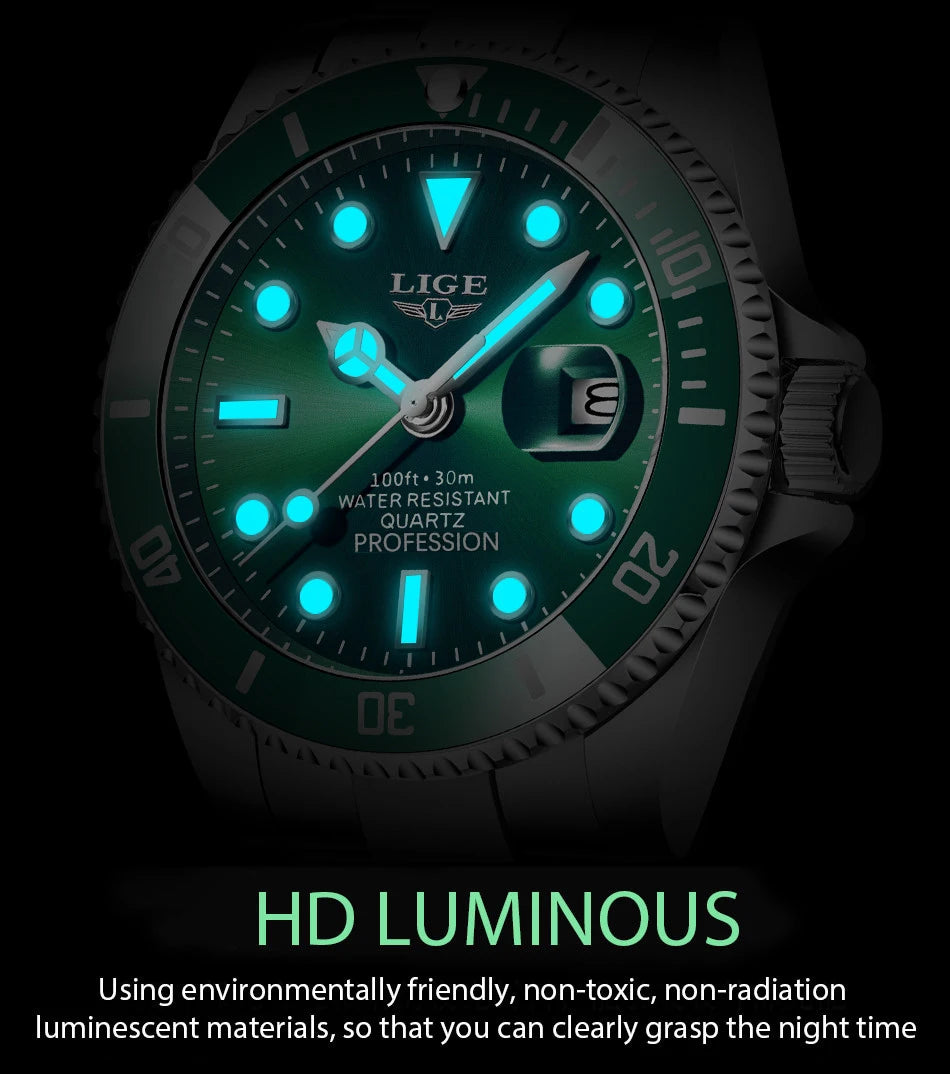 LIGE Top Original Men Quartz Watches Blue Waterproof Watch for Men Stainless Steel Quartz Men Luxury Watch Luminous Wristwatch