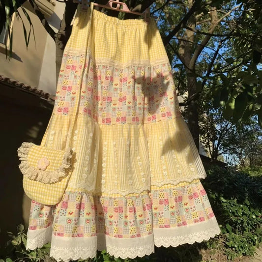 2025 New Summer Vintage Stitching Print Skirts Sweet Loose Design Cake Skirt Women Korean Fashion Patchwork Retro Outfits Beach