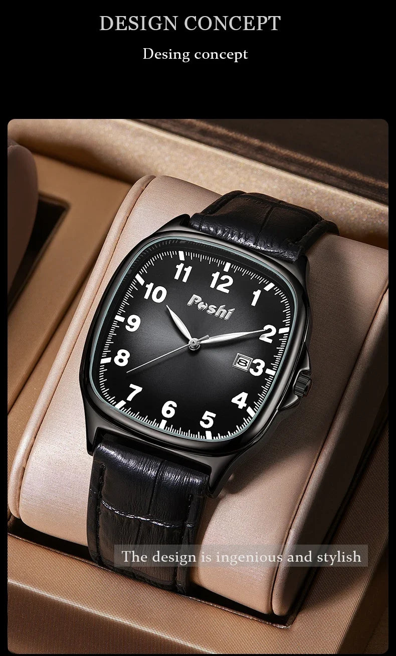 POSHI Men's Quartz Watches Leather Strap Casual Men Wristwatch Waterproof Date Luminous Luxury Business Watch for Man Male Gifts