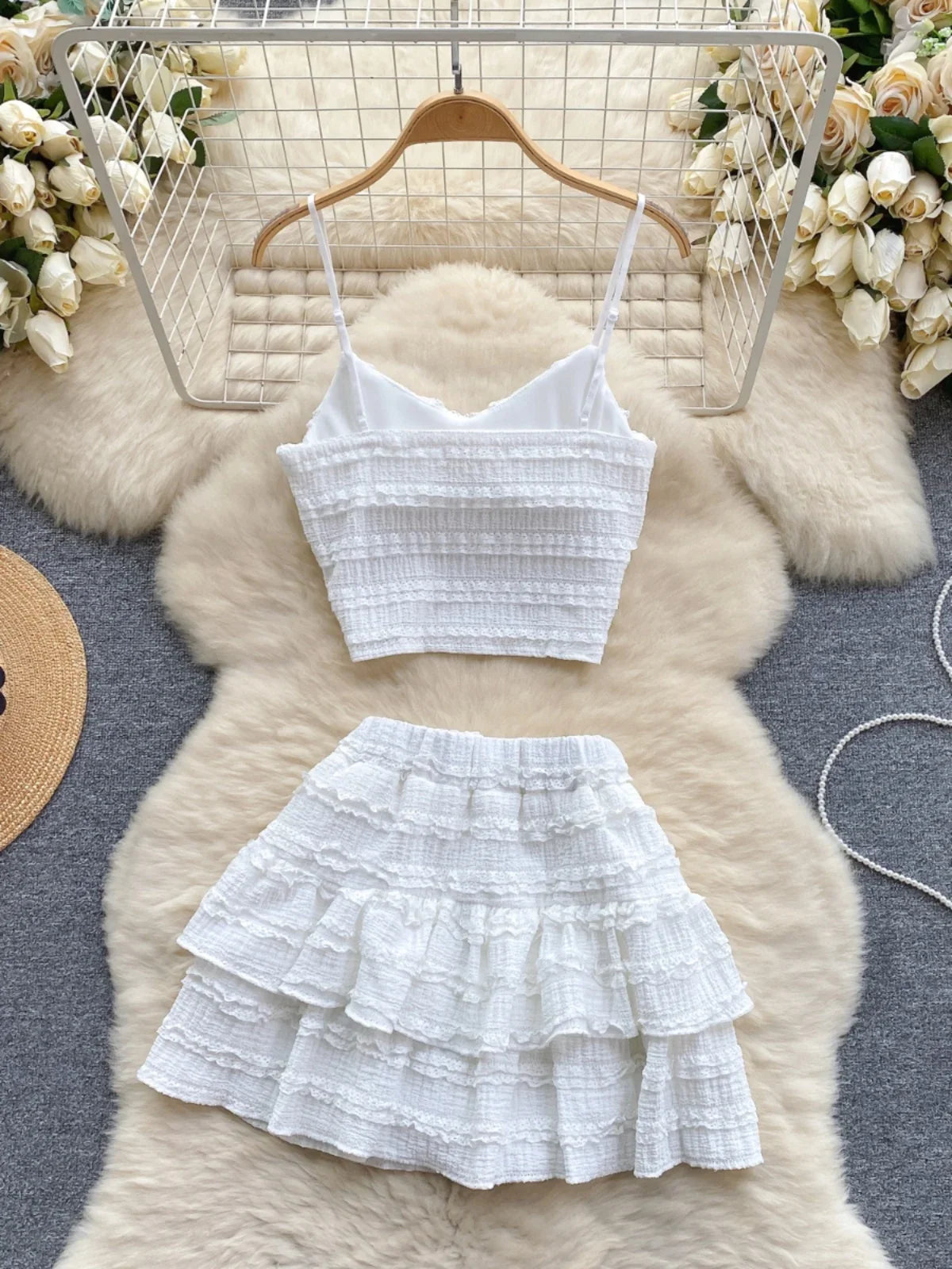 Sexy Two Pieces Sets Forwomen Chic Sexy Short Straps Tank Top with High Waist Mini Skirt Suit Summer Sweet Pleated Skirt