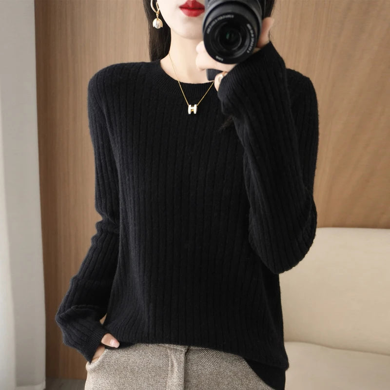 2026 Women Sweaters Autumn Winter Long Sleeve Pullovers O-neck Stripe Warm Pullover Korean Fashion Bottoming Shirts Loose Jumper