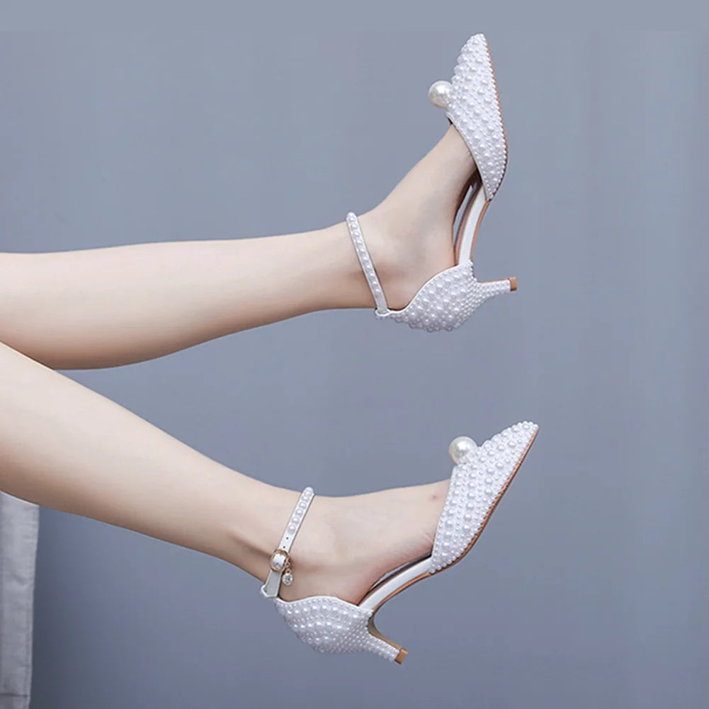 2025 New Large Pointed Womens Sandals Slim Heels Wedding Dress Beige Pearl Wedding Shoes Sandals Bridal High Heels Wedding Shoes