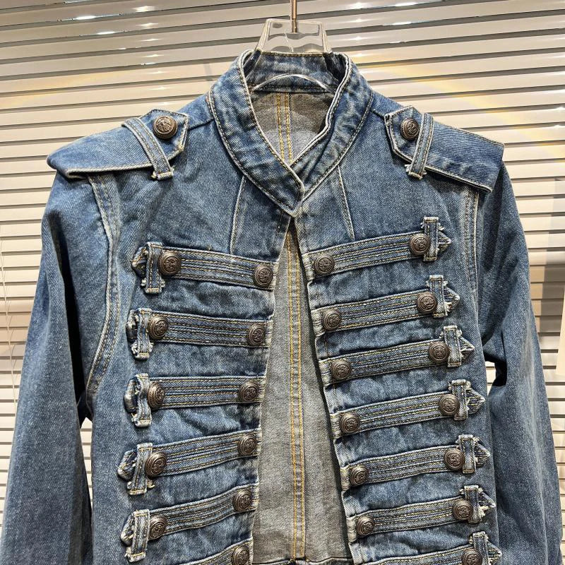 2026 Autumn New Fashion Metal Buckle Design Shoulder Strap Denim Short Jacket For Women High Street Coat Female