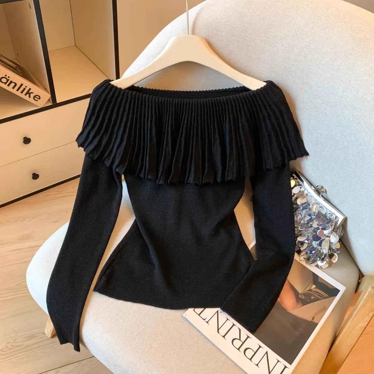 Women's Solid Color Slash Neck Ruffles Sweater Short Pullover Korean Fashion Chic Retro Style for Autumn Winter