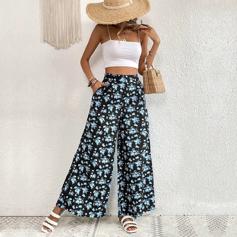European and American Pants 2026 New Printed Large-flared Wide-leg Pants with Drapey Feel for Summer