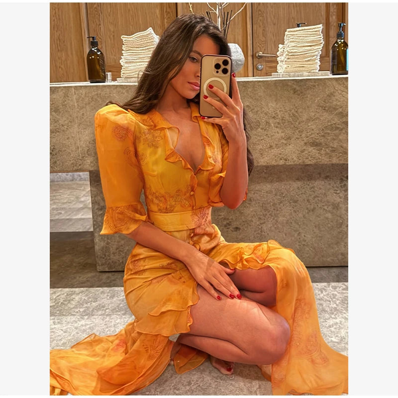 Chic Floral Puff Sleeve Women Maxi Dress Sexy V Neck Button Down Ruffle Slit Vestidos 2026 Summer New Lady Daily Party Sundress