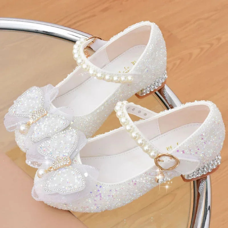 Girls' Shoes High Heels for Kids Elegant Girl Shoes Party Sequin Child Girl Heel Shoe Church First Communion White Princess Shoe