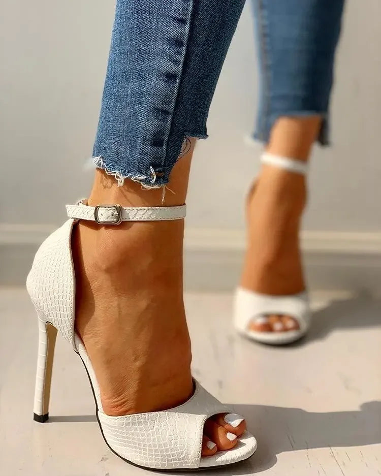Sexy White Dress Wedding Shoes Women Ankle Strap Peep Toe High Heel Sandals Super High Heels Buckle Snake Pattern Woman Pumps