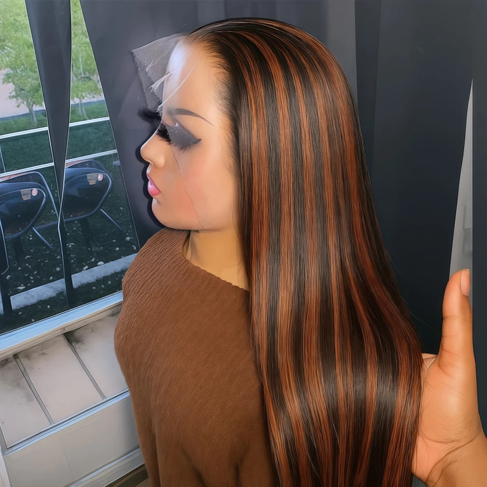 1B/30 Highlight Omber Brown Colored Wigs Human Hair 30 Inch High Density 13x4 Bone Straight Hd Lace Front Wig Human Hair On Sale