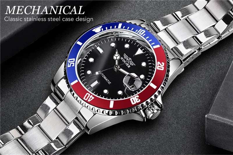 Classic Mechanical Watches Luxury Brand Business Automatic Watch for Men Rotatable Bezel Luminous Dial Steel Strap Clock
