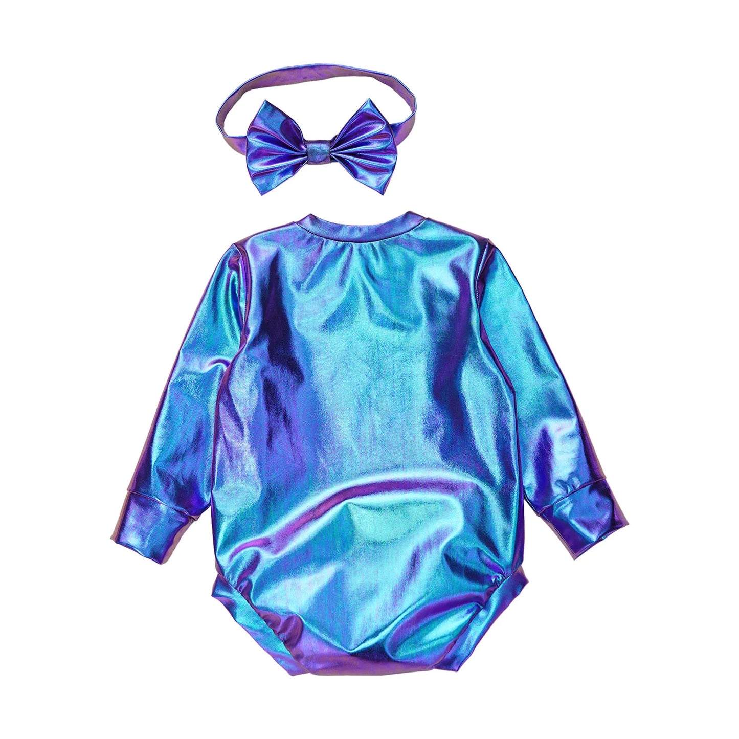 Baby Girls Long Sleeve Metallic Shiny Buttons Crotch Romper with Bow Headband Birthday Theme Party Photography Outfit Daily Wear