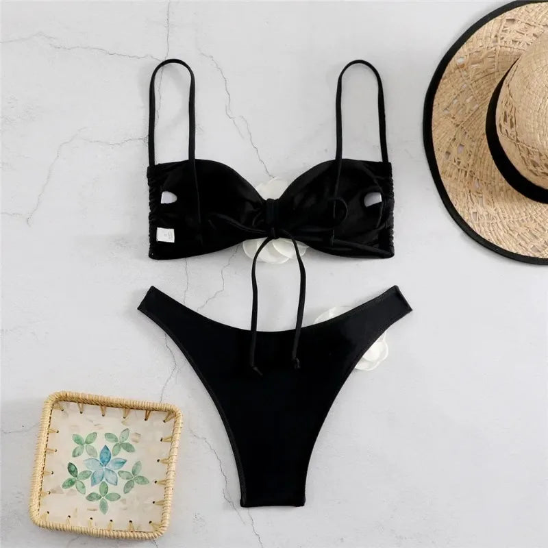 Women Two Piece Bikini Set 3D Floral Bandeau Swimwear Sexy Brazilian Bikini Lace Up Bathing Suit Separate Beachwear For Women