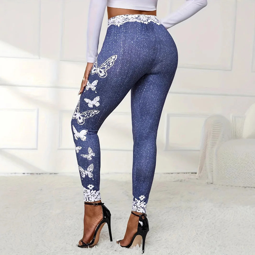 Fashionable new butterfly lace printed tight fitting imitation denim leggings