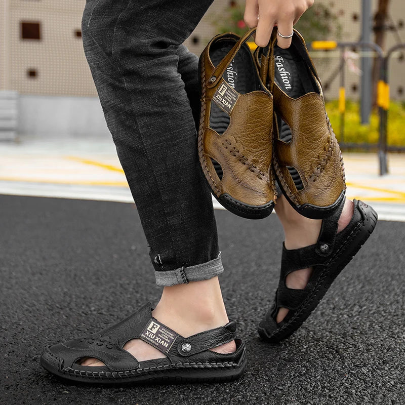 Men Soft Leather Sandals Breathable Comfort Daily Beach Big Size 45 46 Outdoor Slippers Open Toe Non-Slip Casual Summer Footwear