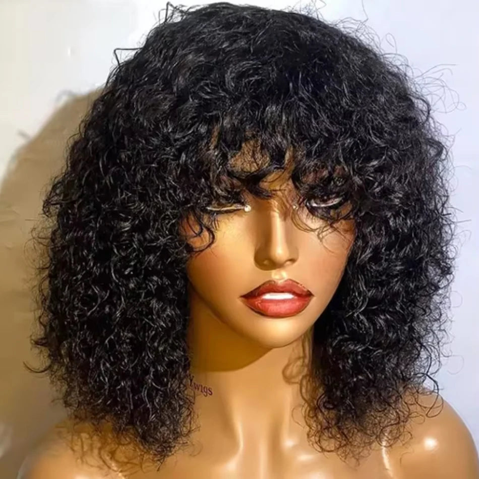 Short Curly Bob Human Hair Wig With Bangs Deep Curly No Lace 250 Density Brazilian Virgin Remy Fringe Human Hair Wigs Easy To Go