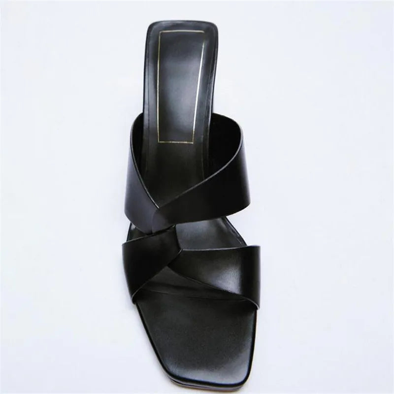 Summer new women's shoes brown black thick-heeled cow leather sandals square toe cross with open toe back high heels slippers