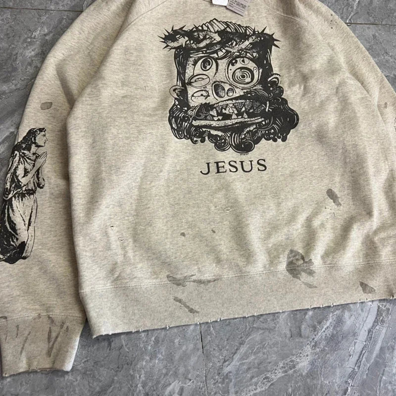 Real Photo Portrait Graffiti Print Saint Hoodie Wash Do Old Destroy Loose Pullover Casual Women Men Sweatshirt