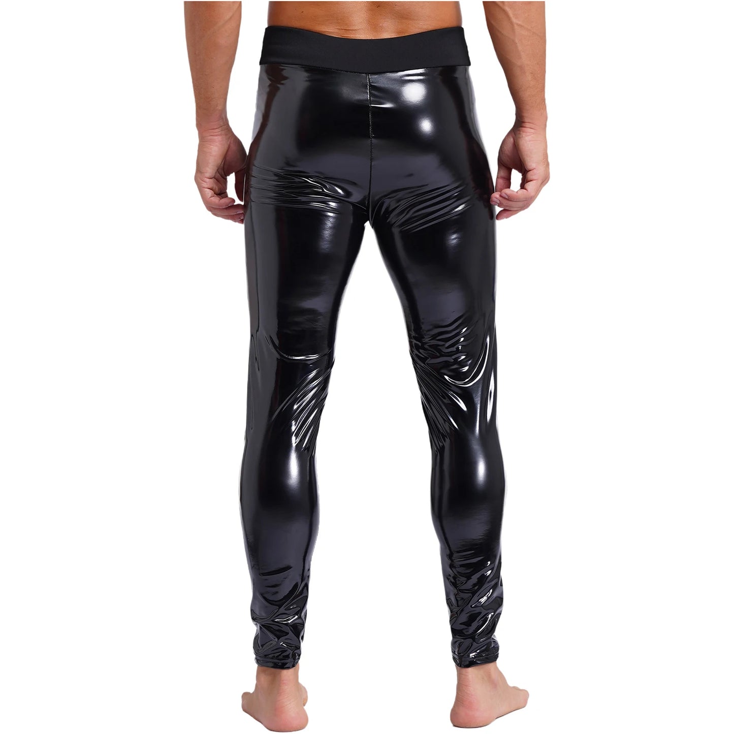Mens Stretchy Leggings Skinny Trousers Fashion Patent Leather Latex Long Pants High Waist Rave Party Clothings Wet Look Clubwear