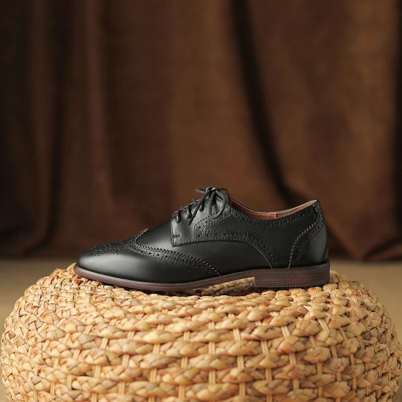 Women's New Round Head Burnt Flower Inner and Outer Leather Cowhide Lace up Large Low Heel Block Oxford Shoes