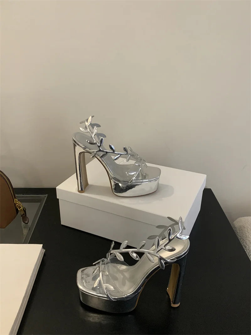 Liyke Summer Fashion Patent Leather Gold Leaf Women Sandals Elegant Square Toe Platform High Heels Wedding Banquet Shoes Size 42