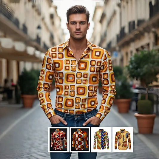 70s Theme Parties Men's 70s Disco Party Shirt - Retro Vintage Formal & Casual Button-Up Blouse with gradient, Machine Washable