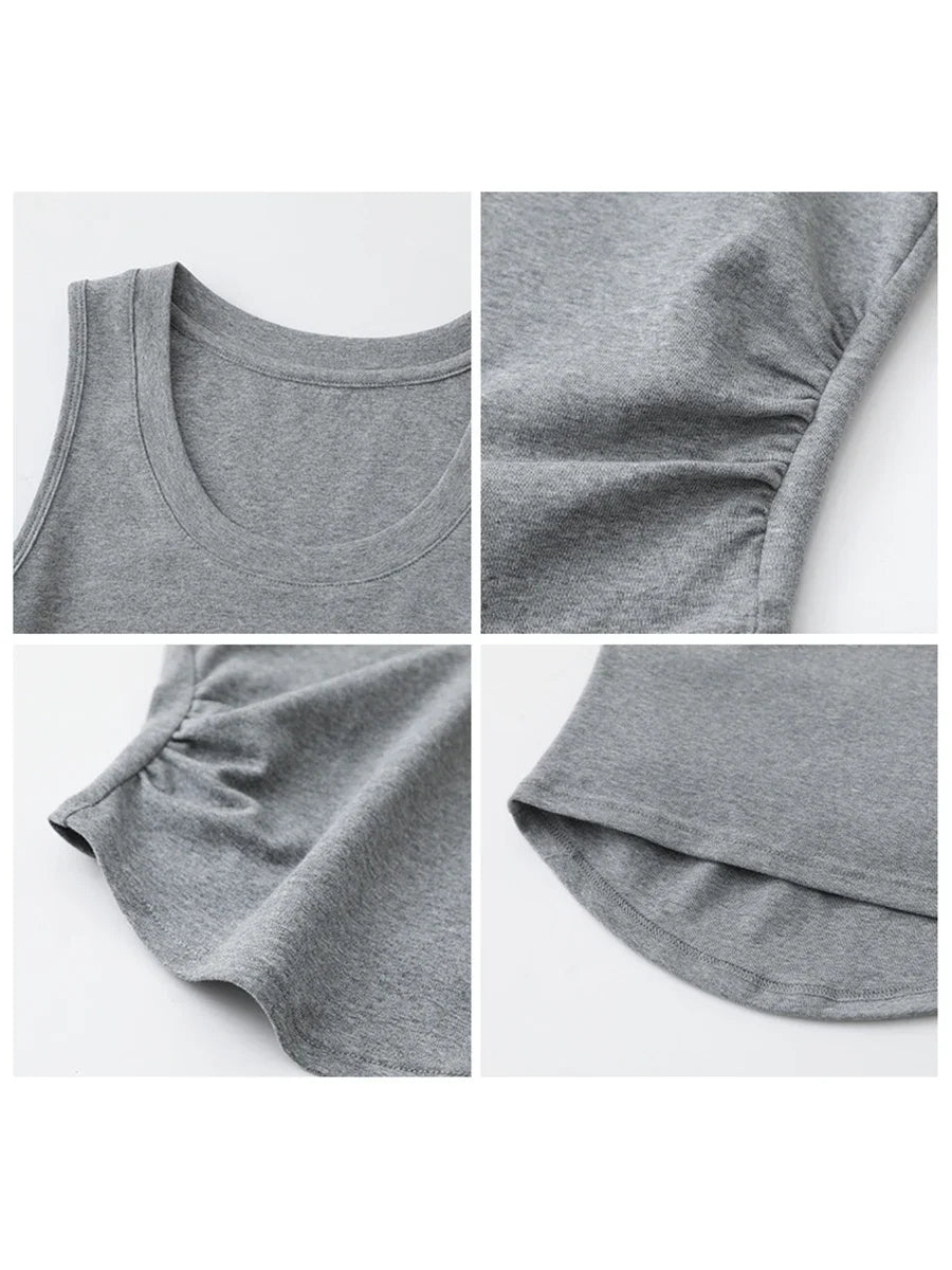 CHIC VEN Women Tanks New Solid Color Tees U-neck Pleated Vest Suspender Sleeveless Slim Female Top Spring Summer 2024