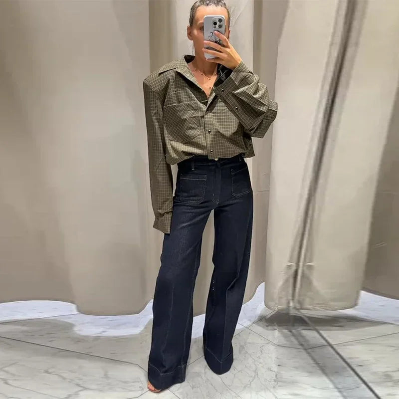 Casual Women's Green Plaid Shirts Loose Lapel Long Sleeve Single Breasted Pockets Female Shirt 2025 Autumn Lady All-match Tops