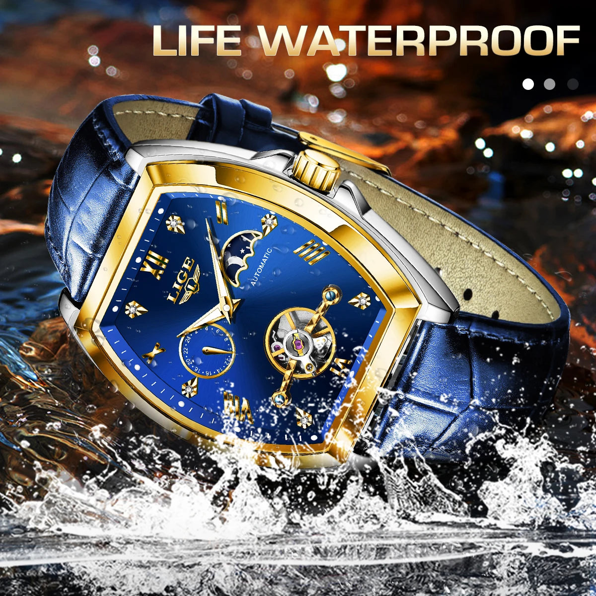 LIGE Luxury Mens Rectangular Dial Mechanical Watches Waterproof Leather Automatic Luminous Watch Business Men relogios masculino