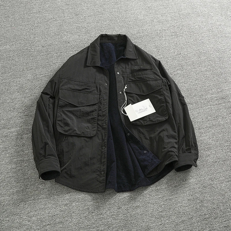 Reversible A+B fabric outdoor functional cargo jacket men's loose pocket lapel retro American casual jacket