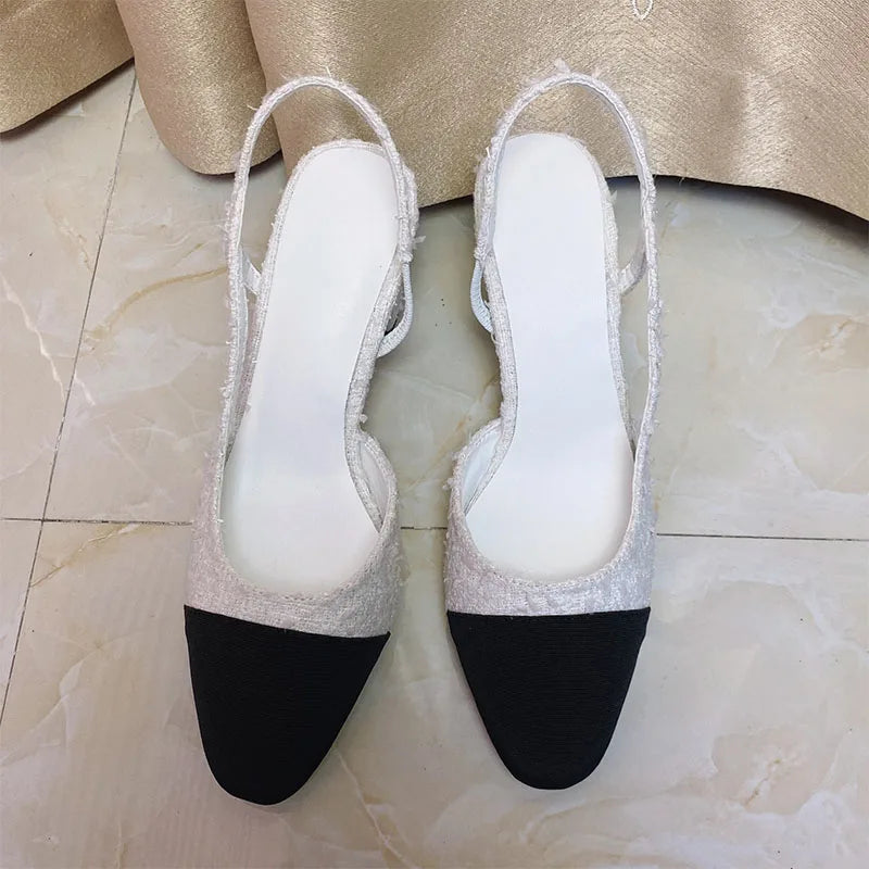 2023Spring Autumn Fashion High Heels Sandals Women's Dress Square Toe Slingback Shoes Women's Color Block Back With Flat Sandals