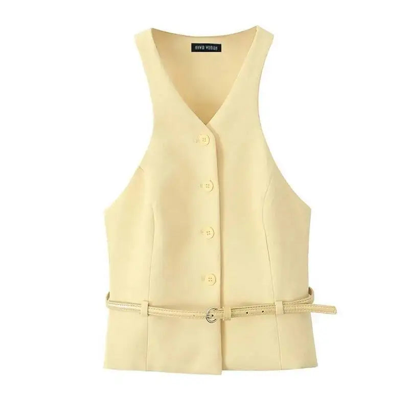 Women Fashion Suit Yellow V-Neck Sleeveless Belt Sngle Breasted Tops+High Waist Pocket Belt Long Skirts Female Summer Set JHX6