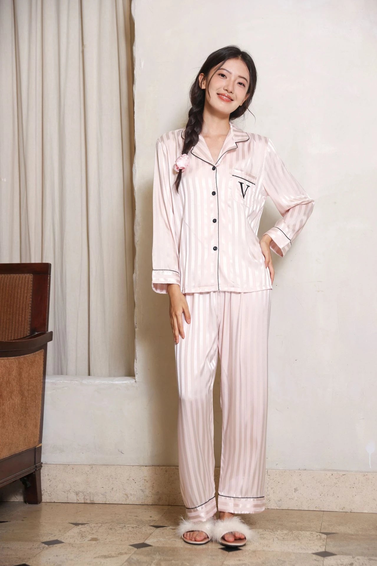 Silky Satin Pajama For Women Striped 2PCS Sleep Set Homewear 2025 Spring New Long Sleeve Trouser Suits Loungewear Nightwear