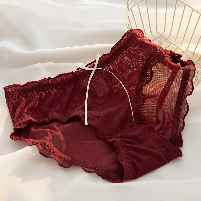L-XL Women's Underwear Panty Sexy Lace Panties Bowknot Wine Red Brief Med Waist Seamless Underpants Female Lingerie Panties