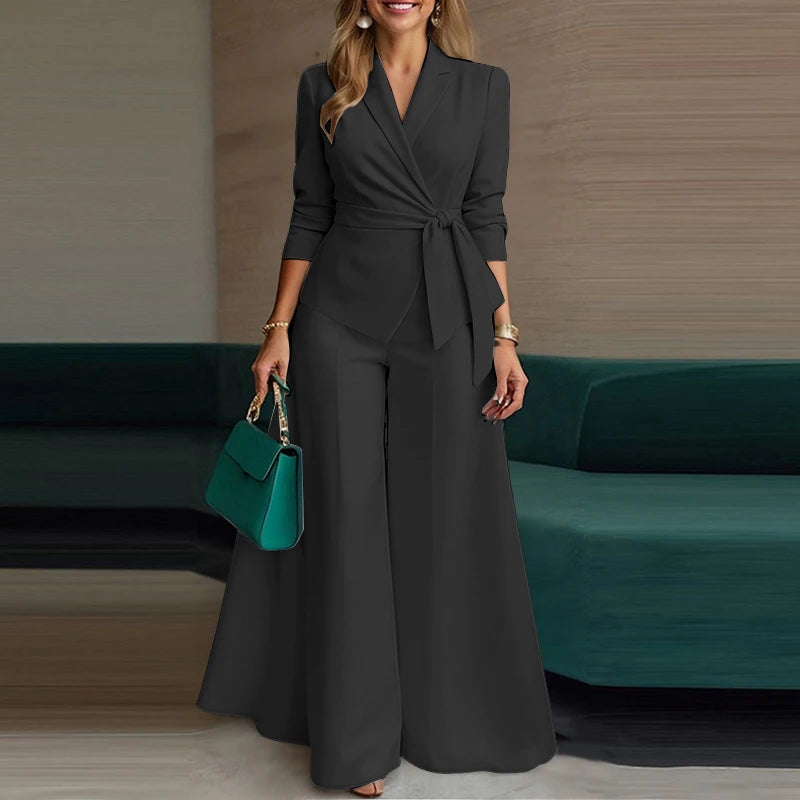 ZANZEA Elegant 2 Pieces Pant Sets Long Sleeve Belted Lightweight Blazer & Wide Leg Pant 2pcs Suits Office Lady Commuting Sets BAZAARHUBO