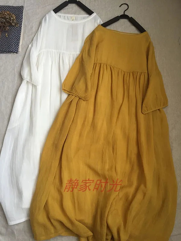 2024 Women Summer Cotton And Linen Pleated Double Layered Robe Casual Loose Half Sleeve Dress Ladies Holiday Clothes X1041