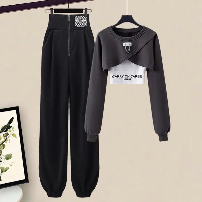 Korean Elegant Sportswear Suit Women's Spring Autumn Fashion Short Sweater+Suspenders+Pants Three Piece Female Tracksuit Set